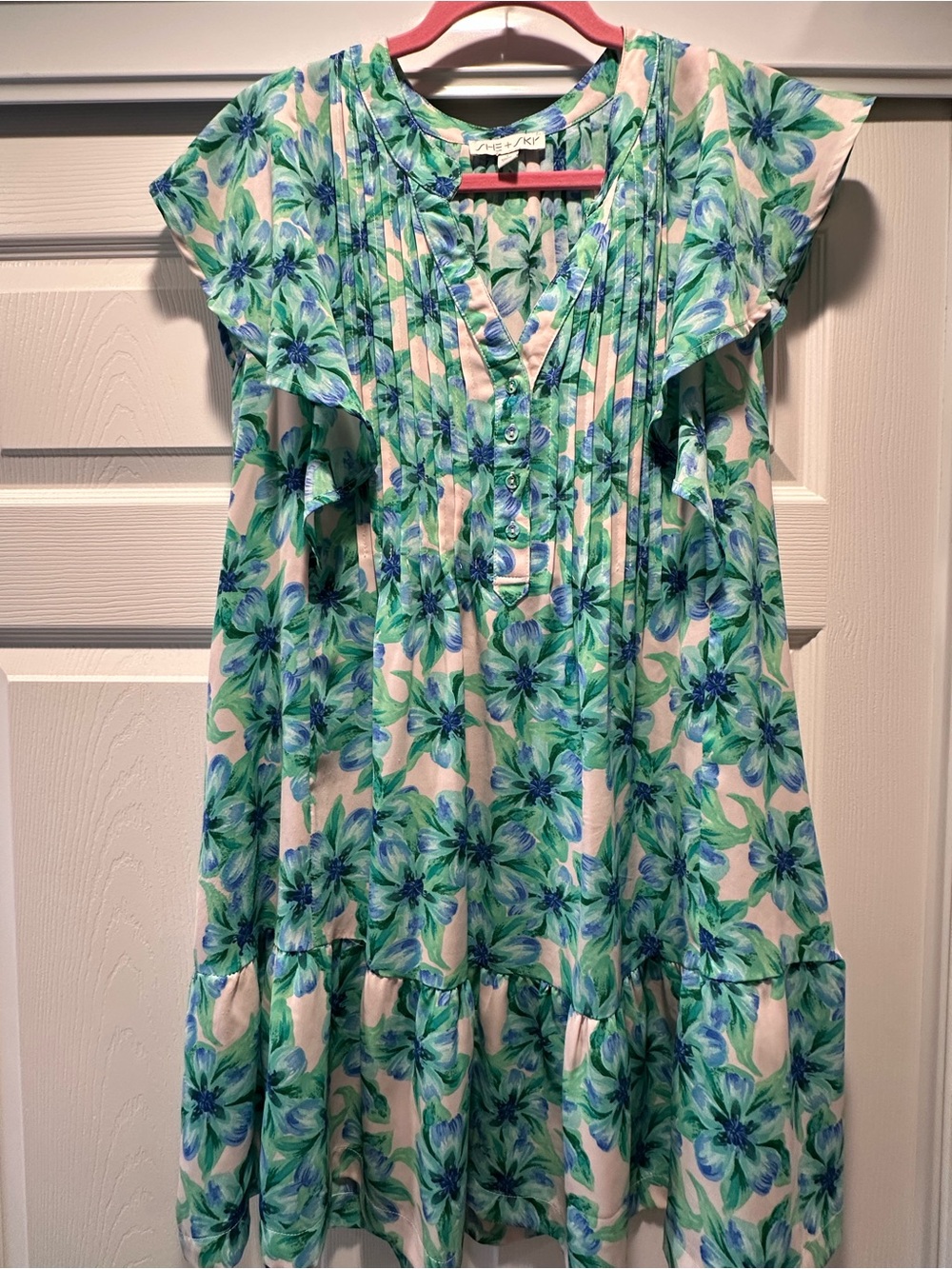 She + Sky Blue & Green Floral Ruffle Sleeve Dress